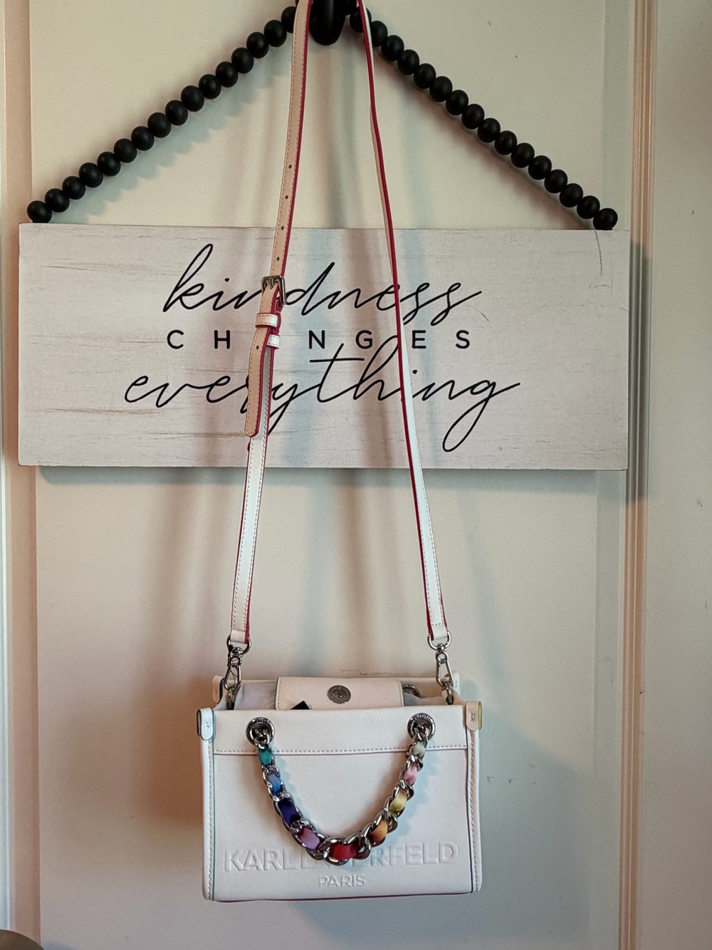 KARL LAGERFELD Savoie SATCHEL White Leather Chain Crossbody BAG Purse NWT $198 🌈 - Picture 8 of 15